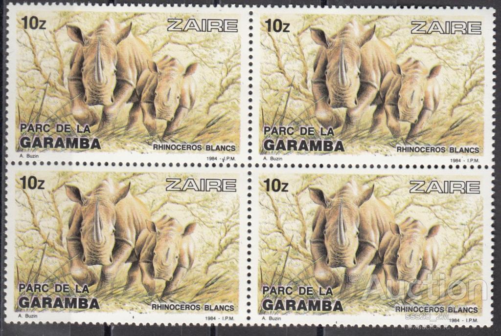Заир 1984 национальный парк Гарамба носороги Mi841 MNH квартблок