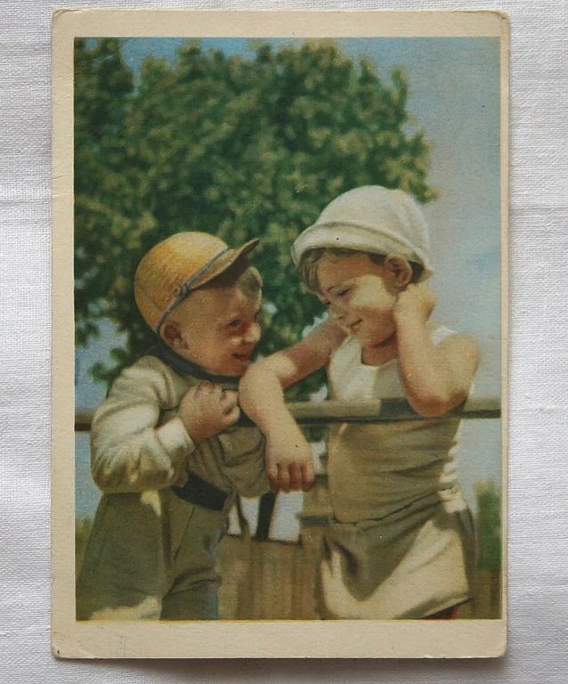 открытка  ДЕТИ   "РАЗГОВОР ПО ДУШАМ "      Изогиз  1955 г.     СССР