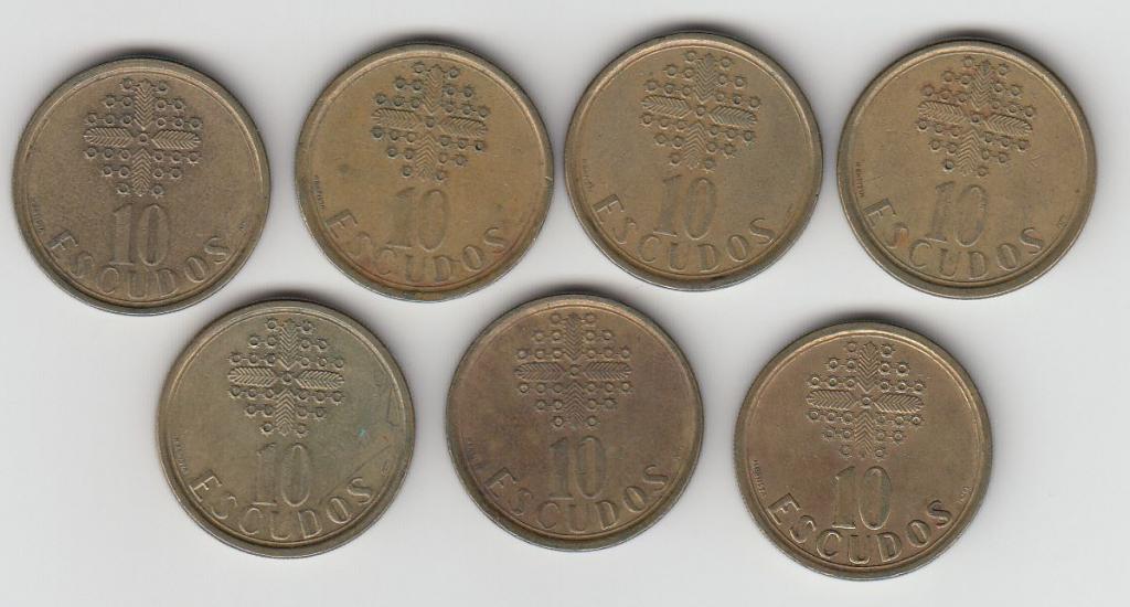 Португалия 10 эскудо 1986, 1987, 1988, 1989, 1990, 1991, 1998  - 7 штук