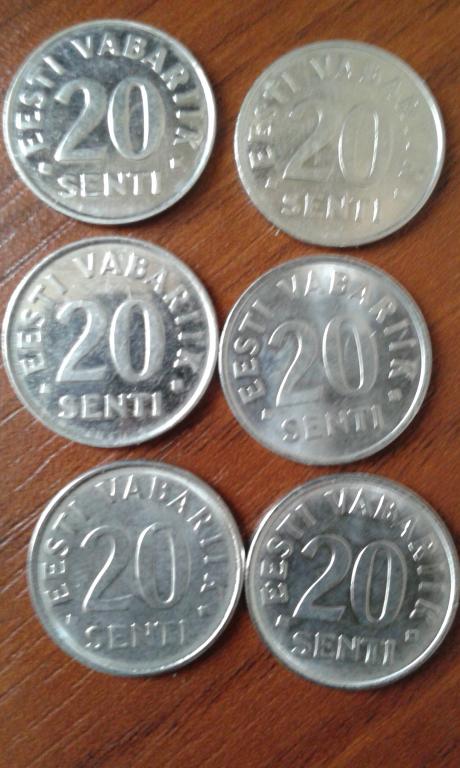 20 центов Эстония  1992 ,1996,1997, 1999,2003,2004,2006,2008 год