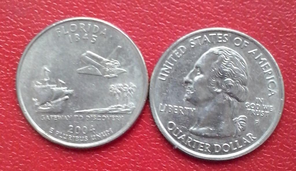 Корабли на монетах США. Парусник и Шатл. Флорида, 2004