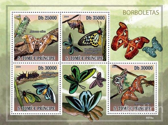 Блок. Sao Tome and Principe. The Worlds largest Butterflies. Бабочки. 2009 год