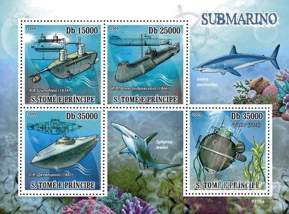 Блок. Sao Tome and Principe. Submarines. Подводные лодки. 2009 год