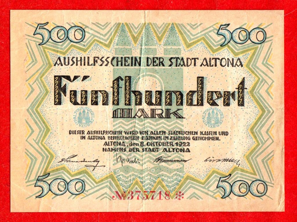 Германия (Альтона - Altona), ГРОССГЕЛЬД на 500 марок, 1922, VF, 375718*