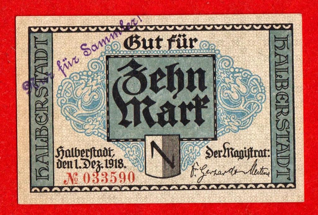 Германия (Хальберштадт - Halberstadt), ГРОССГЕЛЬД, 10 марок, 1918, UNC, СО ШТАМПОМ, РЕДКАЯ