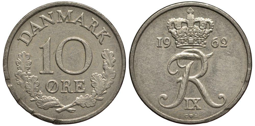 ДАНИЯ 10 ЭРЕ 1962 ФРЕДЕРИК IX KM 849.1 медно-никель 19-411