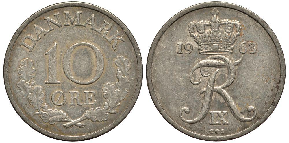 ДАНИЯ 10 ЭРЕ 1963 ФРЕДЕРИК IX KM 849.1 медно-никель 19-412