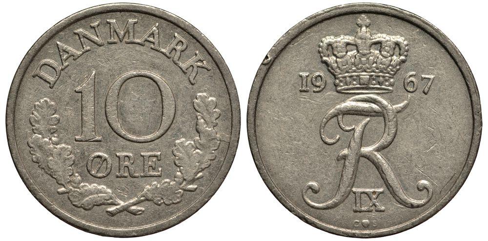 ДАНИЯ 10 ЭРЕ 1967 ФРЕДЕРИК IX KM 849.1 медно-никель 19-424