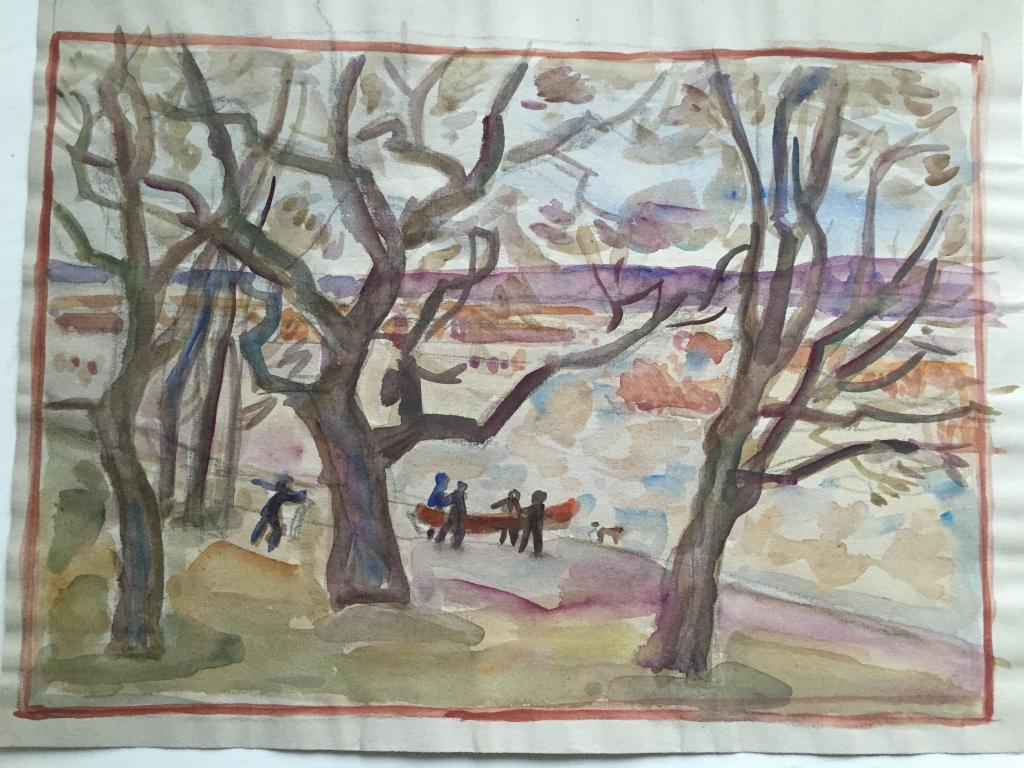 Тутунов А.А. (1928 г.р.) "Люди с лодкой и собакой на берегу"