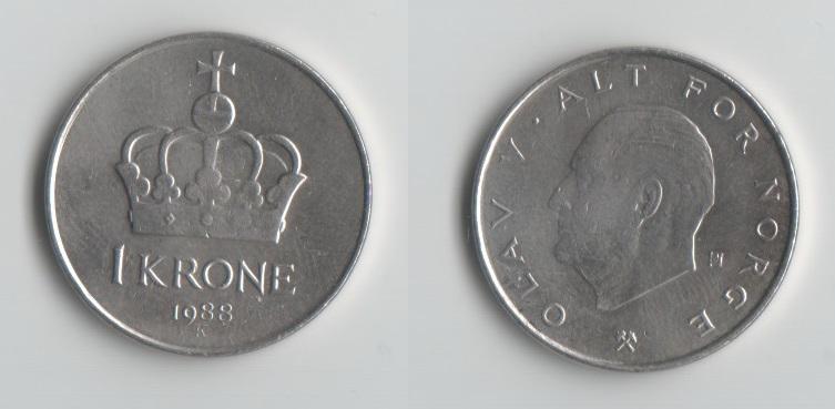 1 крона Норвегия 1988 год.