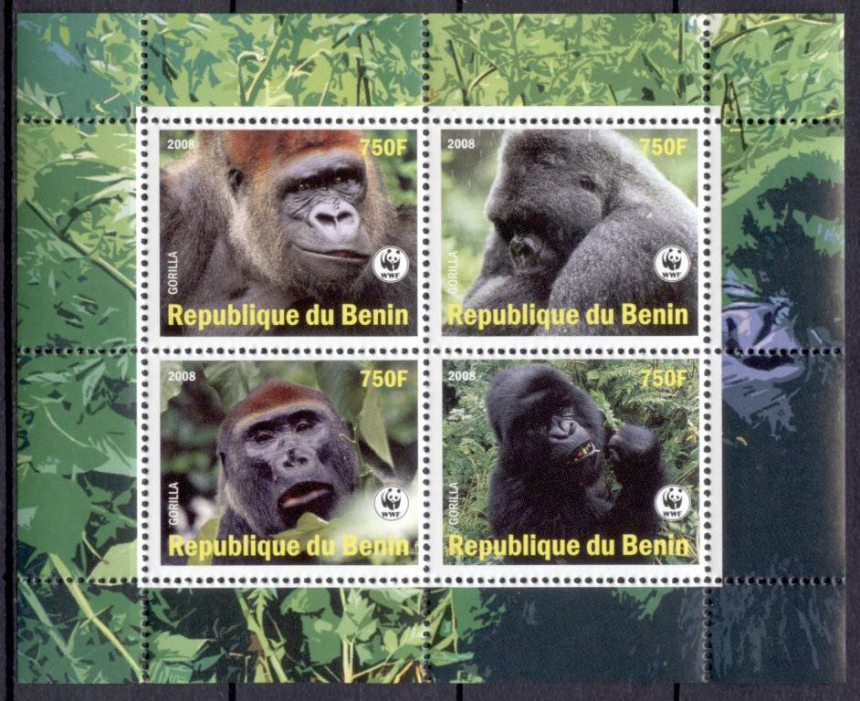 / Животные Фауна Дикая природа Обезьяны Гориллы WWF 1блок** Африка Бенин 2008