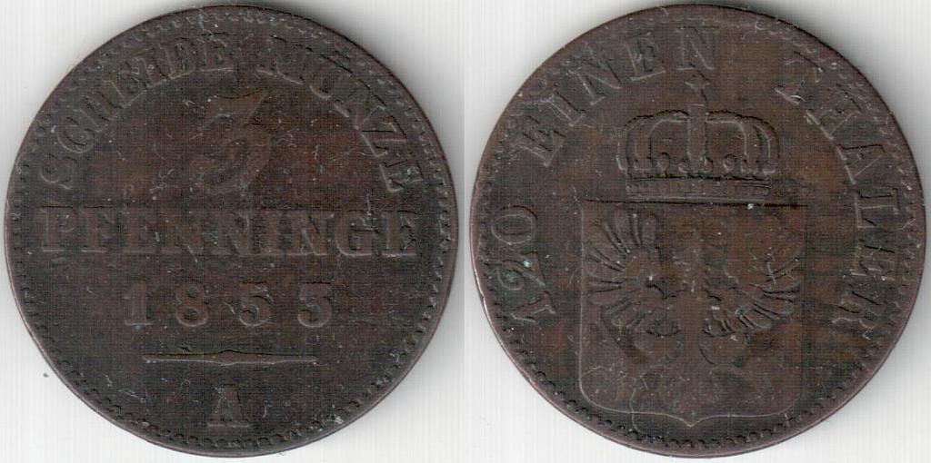 Германия Пруссия 3 пфеннига 1853 A Фридрих Вильгельм IV KM# 453