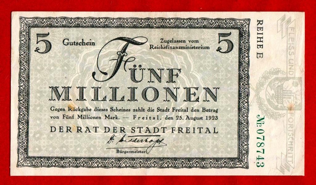 Германия (Фрайталь - Freital), ГРОССГЕЛЬД, 5000000 (5 млн.) марок, 1923, XF-, 078743, РЕДКАЯ