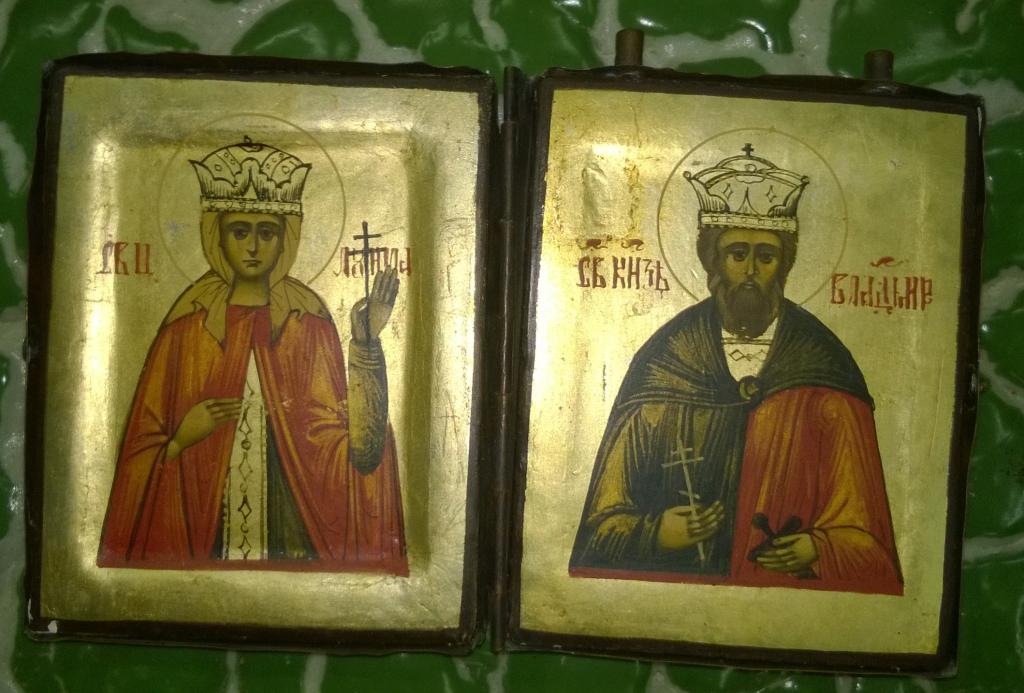 Икона складень. Святой князь Владимир и святая царица ... Масло. Сусальное золото.