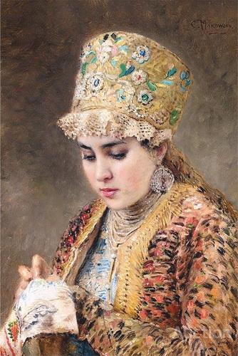 Портрет молодой боярыни за вышивкой. Худ. Маковский Константин Егорович