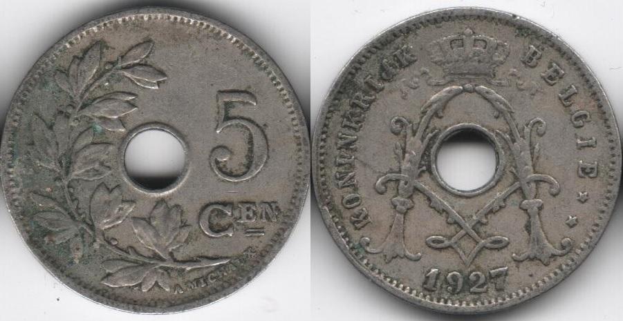 Бельгия 5 сантимов 1927 (belgie) 5
