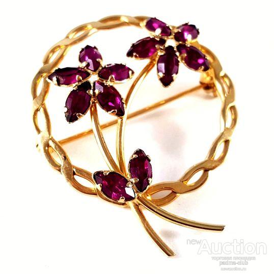 Брошь Рубиновый цветок, ART, 1/20 12K GF Gold Filled , Америка, 1960е