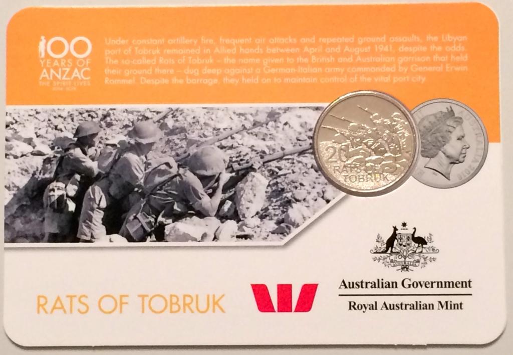 АВСТРАЛИЯ 20 ЦЕНТОВ 2016 ВТОРАЯ МИРОВАЯ ВОЙНА RATS OF TOBRUK UNC КАРТОЧКА