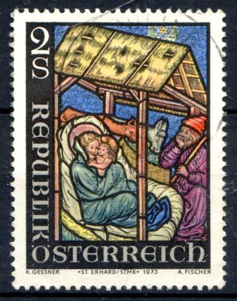 Австрия 1973 Рождество Готическое окно. Рождение Христа. Церковь Св. Эрхарда Mi:1435 гаш