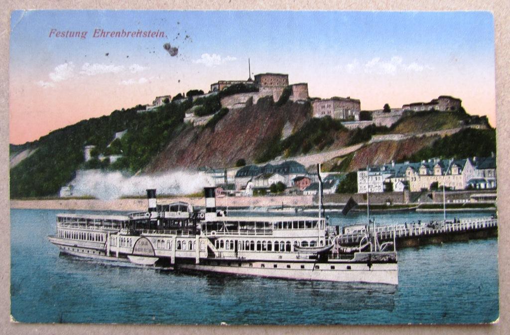 Колесный пароход на реке у причала Германия Штемпель 1916