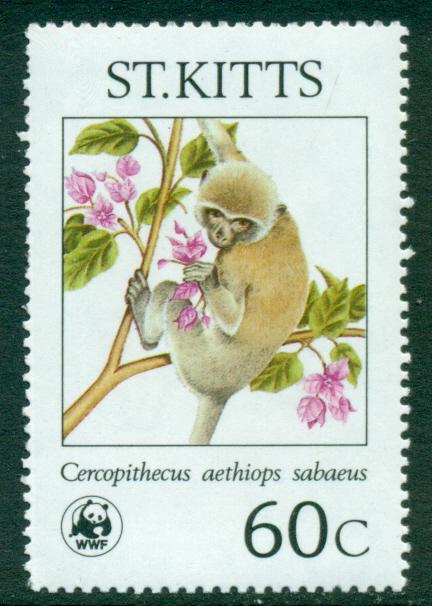 St. Kitts Сент-Киттс 1986 WWF фауна приматы обезьяны ** (4-3) дефект перф.