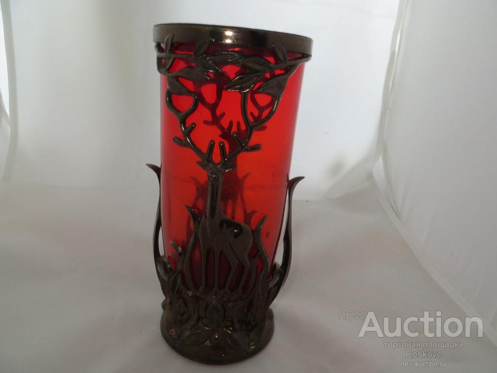 Ваза для цветов (стекло ЛЗХС) в металл. оправе "Олень", СССР,80-е