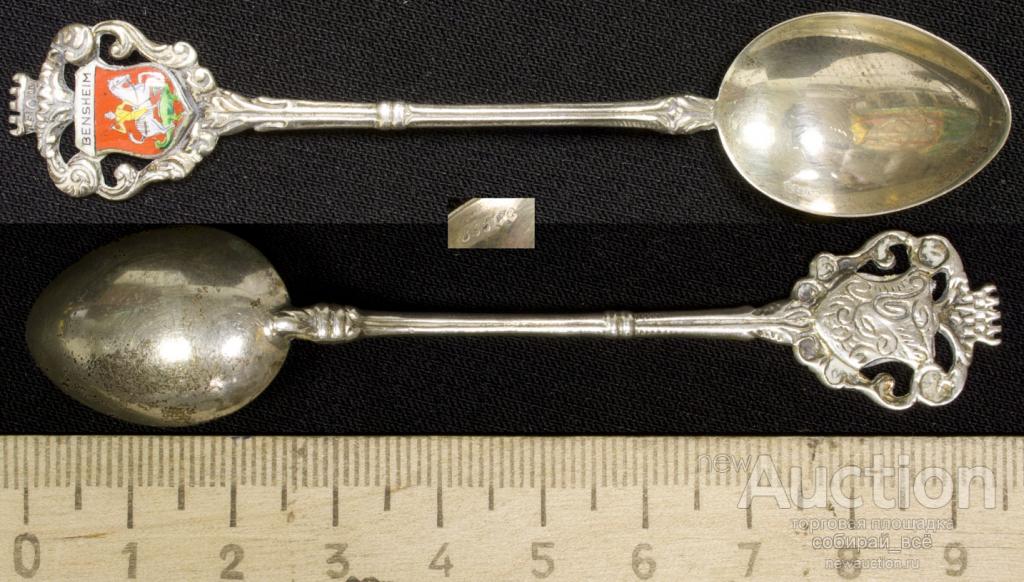 Ложка кофейная с гербом BENSHEIM ,живописная эмаль, серебро 800 пр, 8 гр