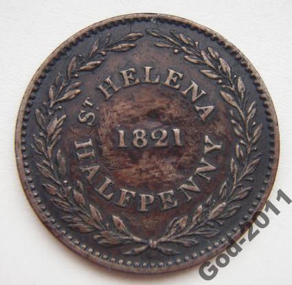 Пол пенни 1821 год Остров Святой Елены - РЕДКОСТЬ
