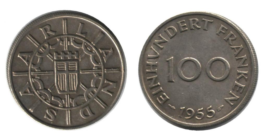СААРЛЭНД (СААРЛЕНД, СААРЛАНД) - 100 ФРАНКОВ 1955 г.