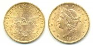 20 долларов 1895. UNC. Золото 0,900. 33,436 г. 0.9675 oz. Яркий штемпельный блеск.