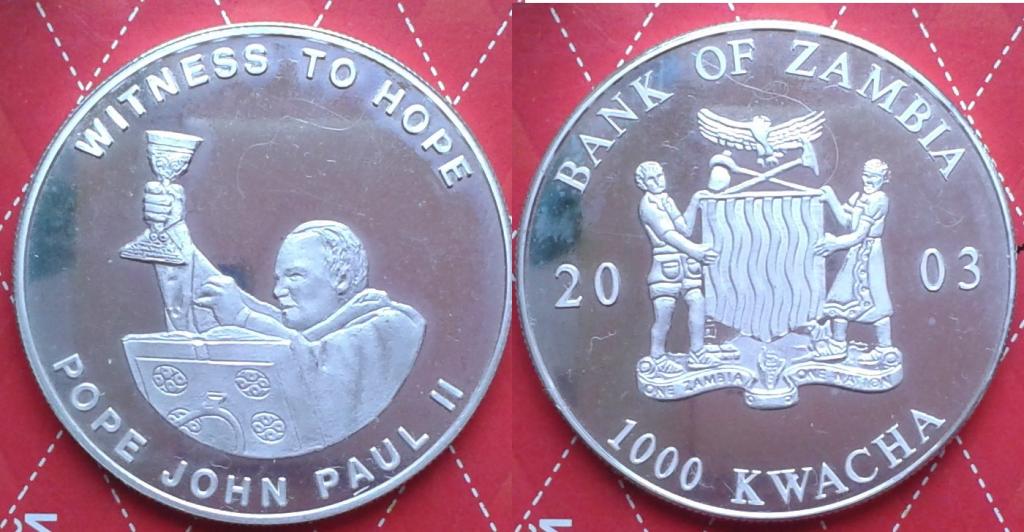 Замбия. Папа Римский Иоанн Павел 2-й - 1000 квача, бронза+серебро, 2003. Пруф!