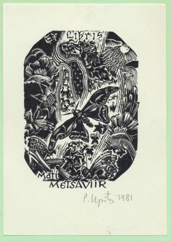 Экслибрис. Ex Libris Mati Metsaviir. ~9,5х13,5 см. Худ. П. Упитис, Рига
