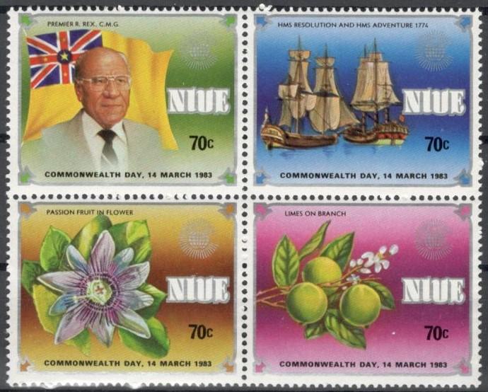 Ниуэ, 1983, № 486-489, € 4,8, MNH, полн., день содружества, корабли, фрукты