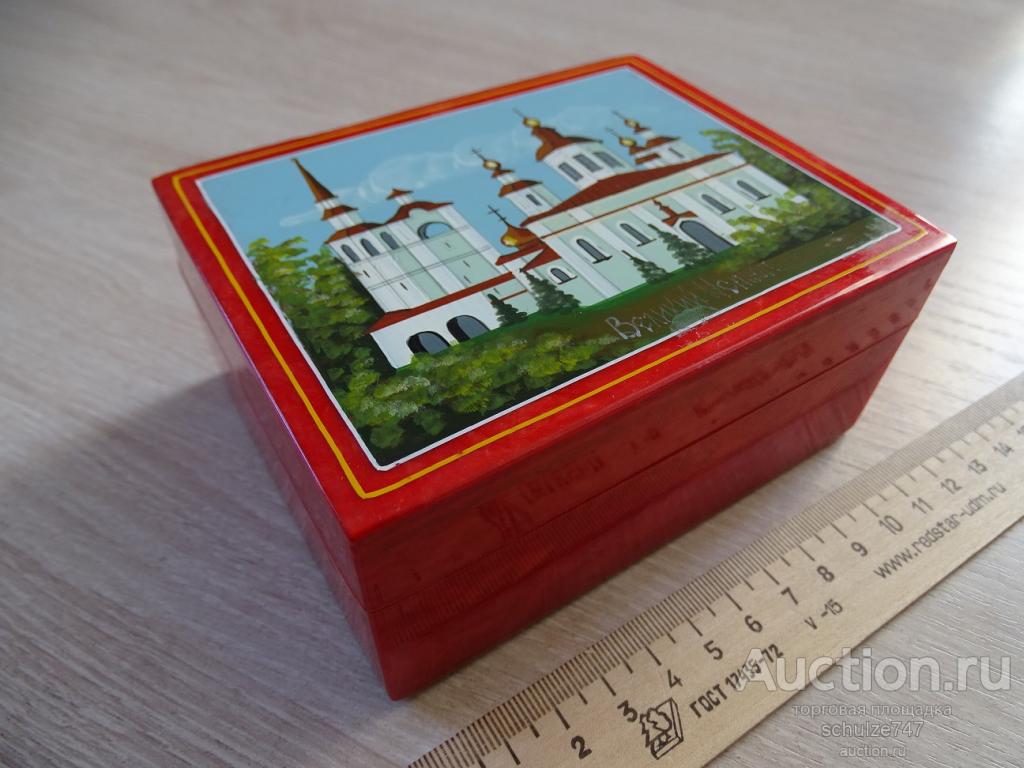 ШКАТУЛКА ВЕЛИКИЙ УСТЮГ РОСПИСЬ МАСЛОМ ОТДЕЛКА КРАСНЫМ ЦЕЛЛУЛОИДОМ СССР
