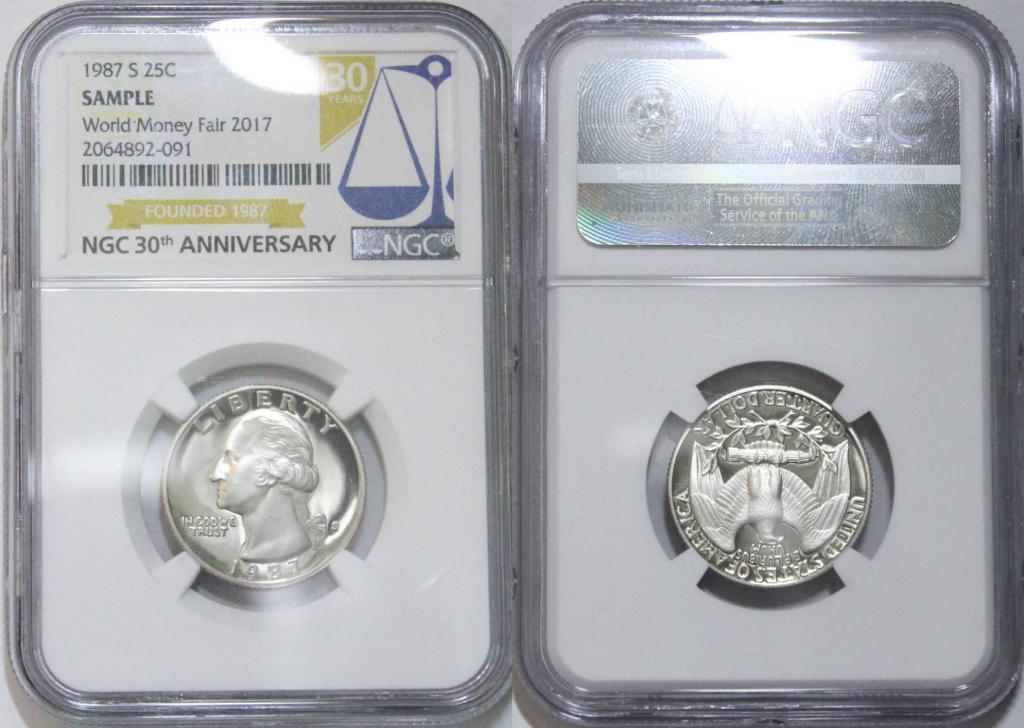 25 центoв 1987 S. США. SAMPLE. Пруф. В юбилейном слабе, 30л. NGC. Образец. 0743