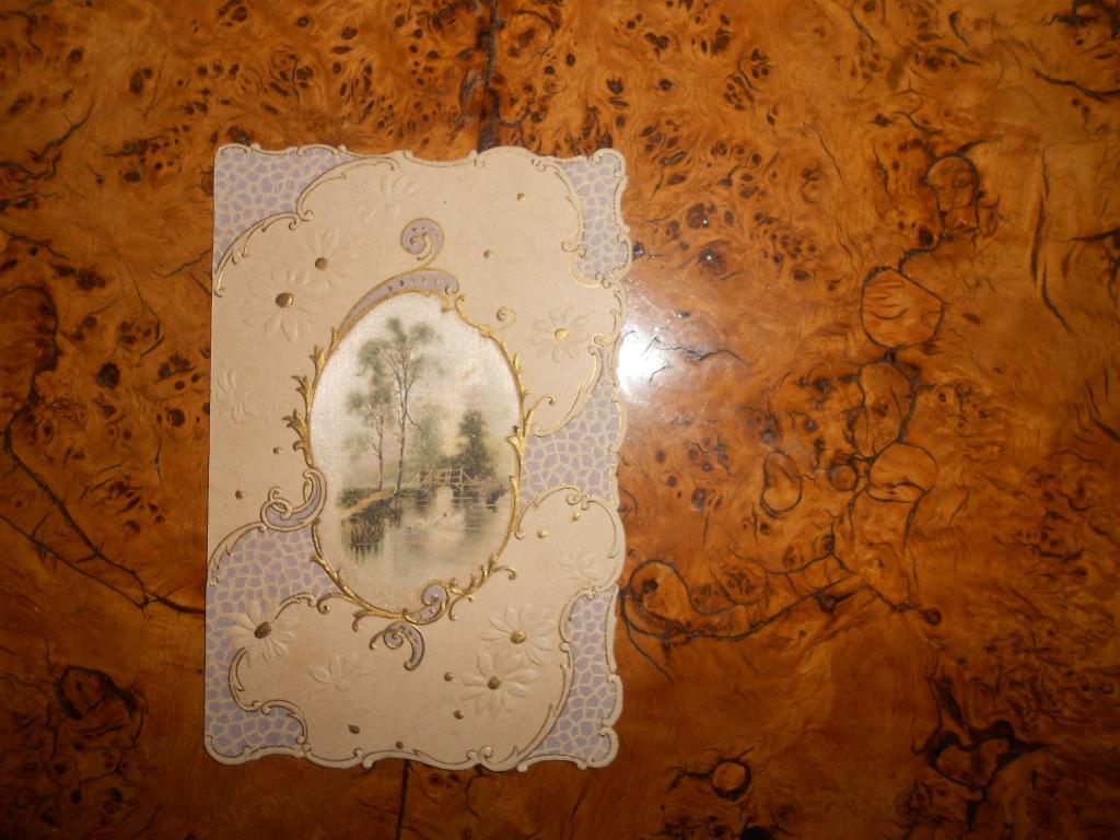 Старинная открытка.МЕДАЛЬОН с ПЕЙЗАЖЕМ(шелкография),тиснение, россия до 1917г.