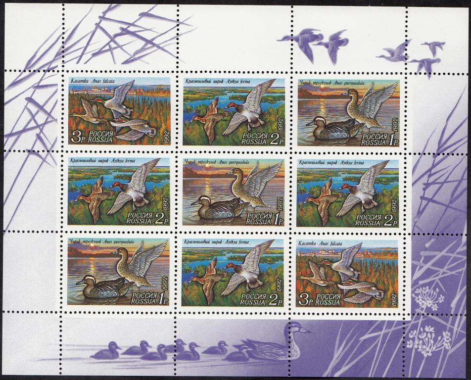 Марки  Россия  1992.  Утки.  Фауна.  Малый  лист.