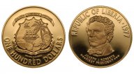 Либерия. 100 долларов 1977. Proof. Золото. 0,3163 oz. 0,900. 10.93 г. КМ#36. Тираж 4250 экз.