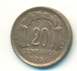 Чили. 20 сентаво 1951 г. отличная