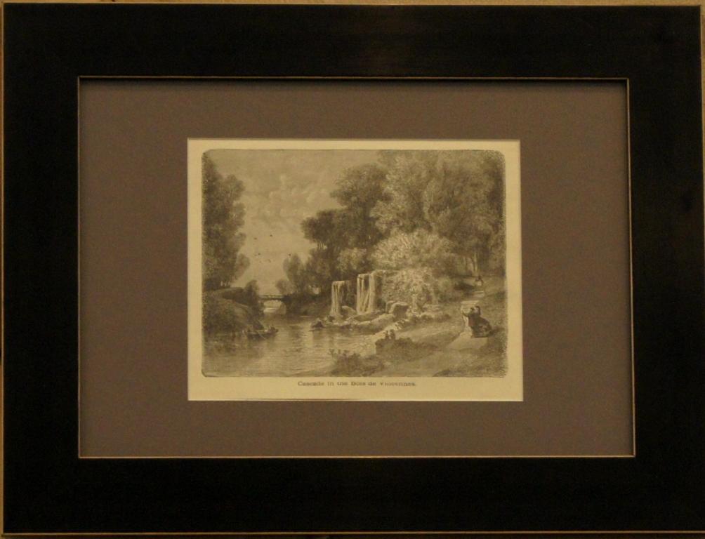Гравюра Франция. Париж. Водопад в венском лесу