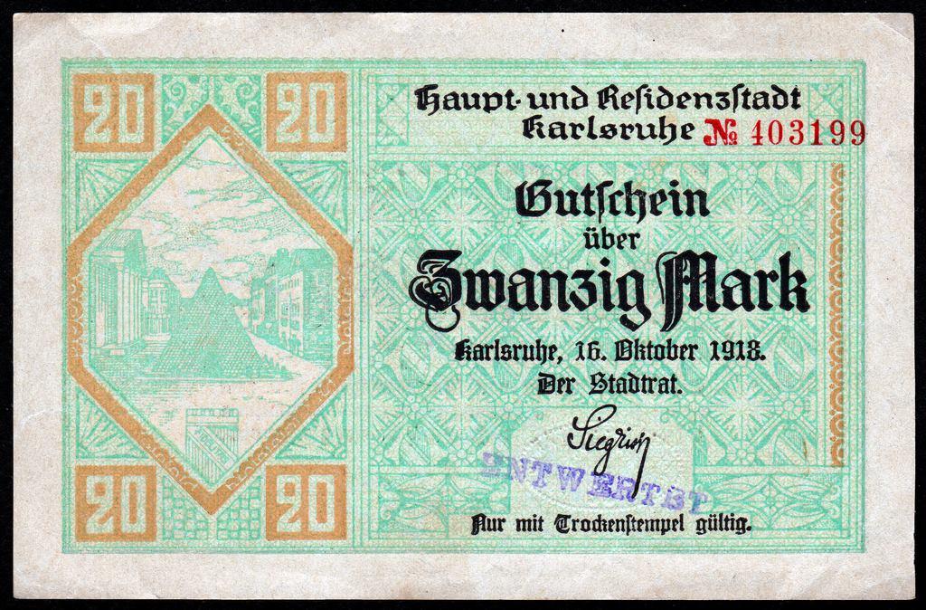 Германия 20 марок 1918 Карлсруэ. с ВЗ,. a.UNC+