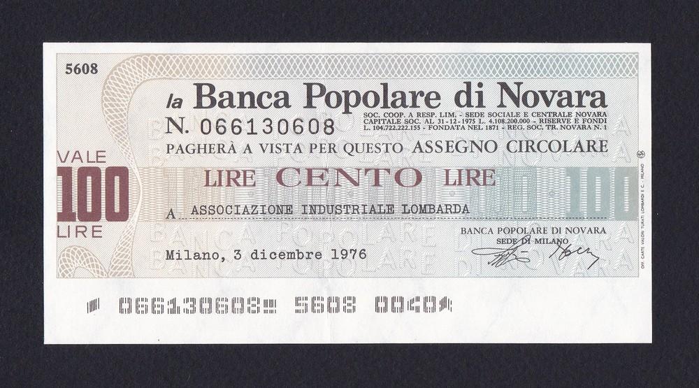 Италия Милан Чек 1976г 100 лир Banca Populare di Novara (608)
