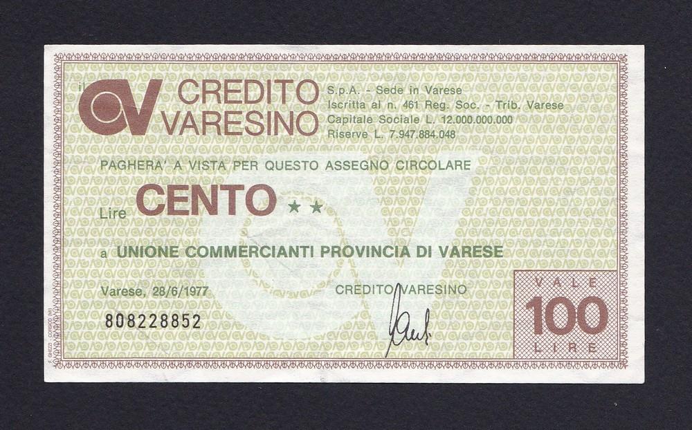 Италия Варесе Чек 1977г 100 лир Credito Varesino UNC (852)