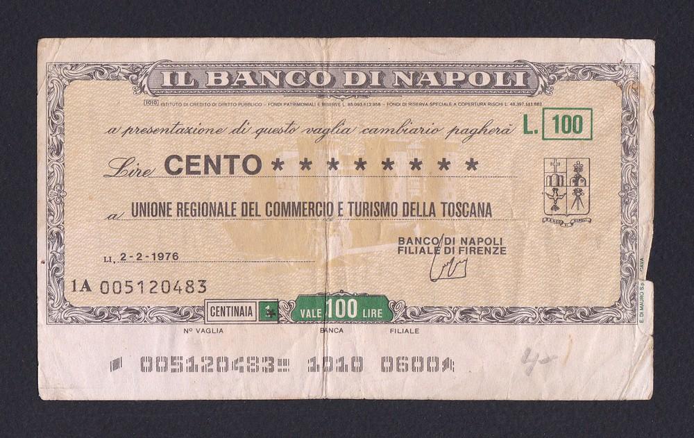 Италия Неаполь Чек 1976г 100 лир Banco di Napoli (483)