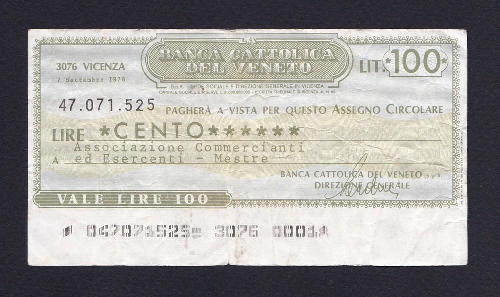 Италия Виченца Чек 1976г 100 лир Banca Cattolica Del Veneto (525)