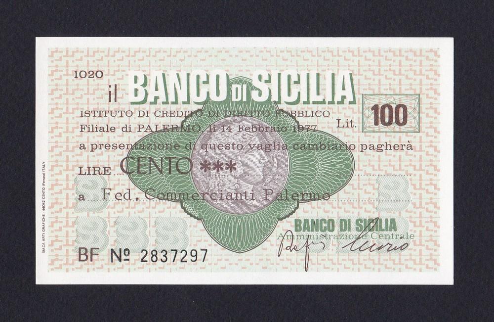 Италия Палермо Чек 1977г 100 лир Banca di Sicilia UNC (297)