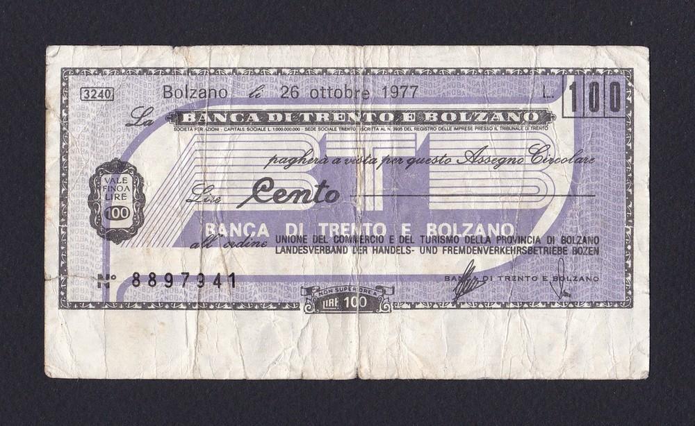 Италия Тренто Чек 1977г 100 лир Banca di Trento Bolzano (941)