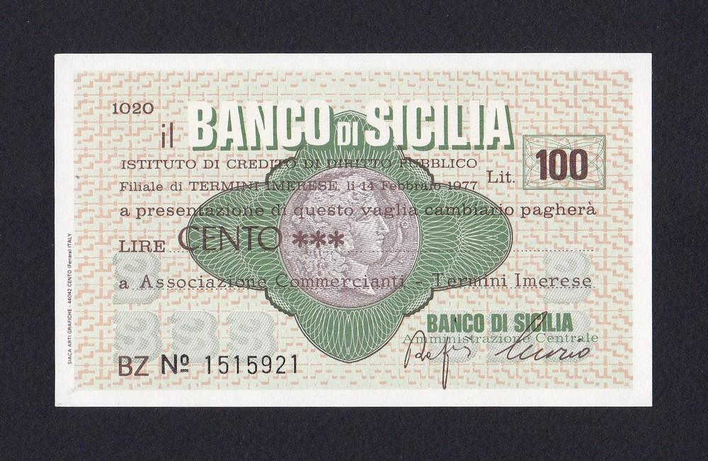 Италия Термини-Имерезе Чек 1977г 100 лир Banca di Sicilia UNC (921)