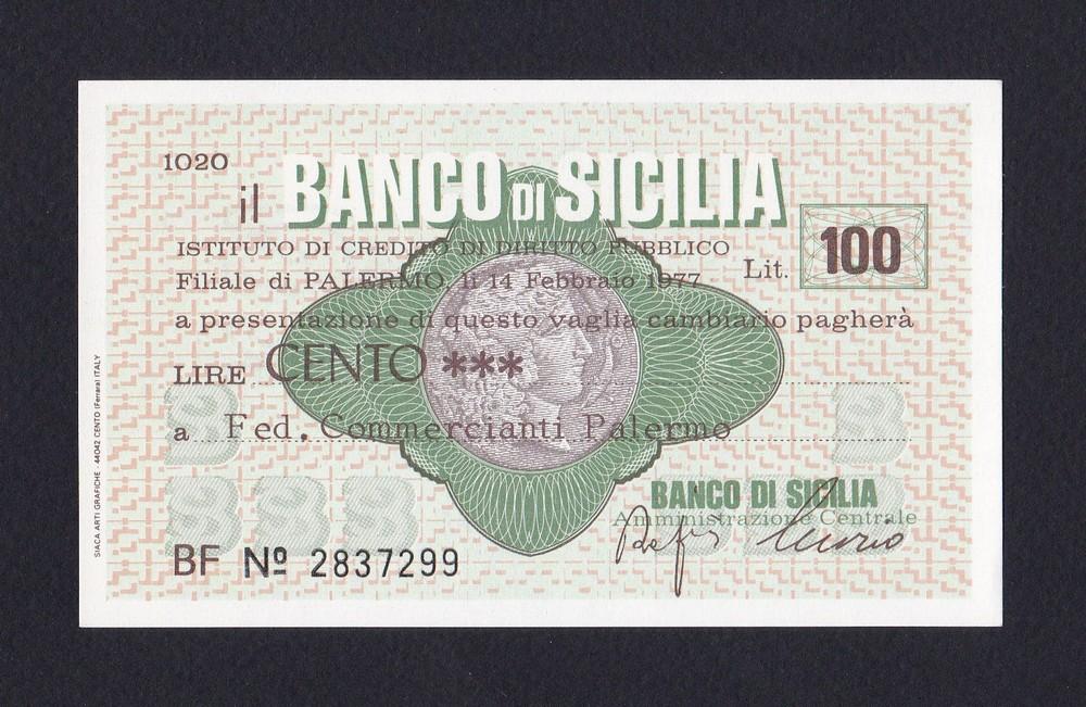Италия Палермо Чек 1977г 100 лир Banca di Sicilia UNC (299)
