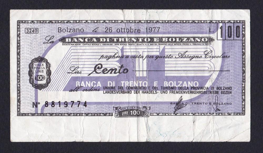 Италия Тренто Чек 1977г 100 лир Banca di Trento Bolzano (774)